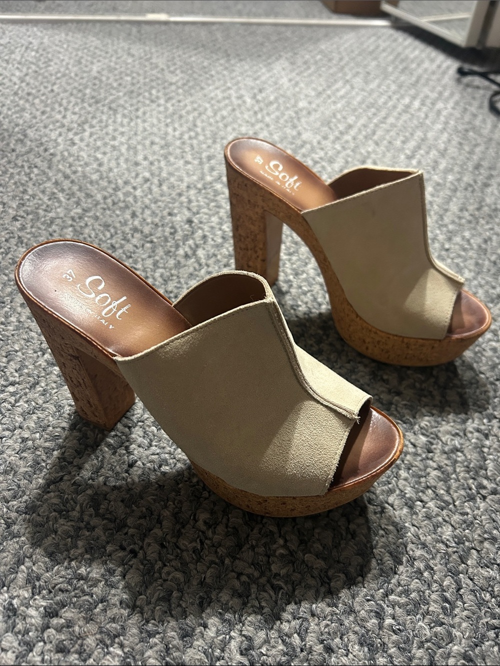 Sofft Beige Suede Cork Platform Mule Heels